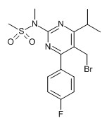5-(Bromomethyl)-4-(4-fluorophenyl)-6-isopropyl-2-[methyl(methylsulfonyl)amino]pyrimidine의 분자구조식